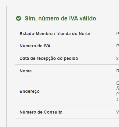 Obter informações sobre empresas: resultado da validação do número de IVA