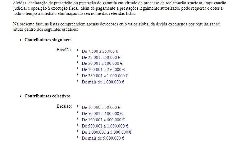 Obter informações de uma empresa: lista de devedores à AT por escalão